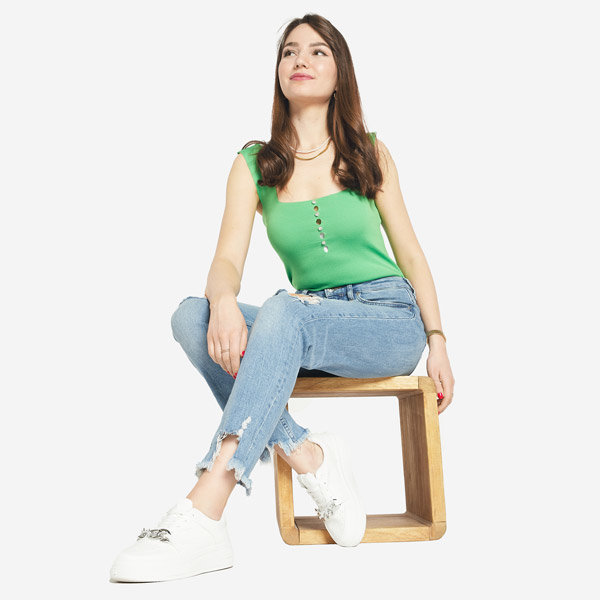 Zielony damski top z cyrkoniami a'la guziki- Odzież