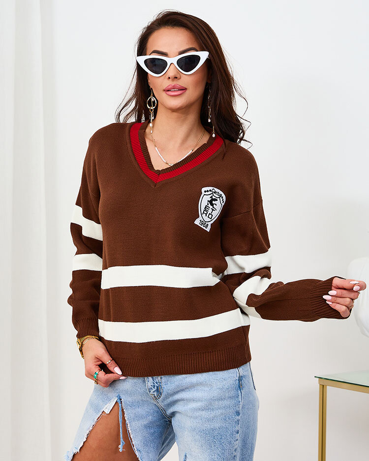 Royalfashion Тъмнокафяв дамски пуловер на райета