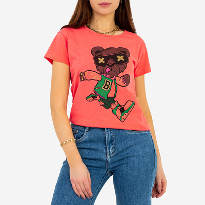 Damska koralowa koszulka z nadrukiem - Odzież