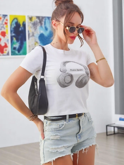 Royalfashion Дамска памучна тениска с принт на музикални цитати