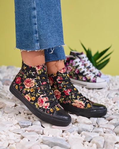 Royalfashion Дамски високи черни маратонки с флорален принт Fahenna