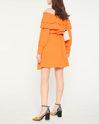 Krótka pomarańczowa damska sukienka z falbanami- Odzież