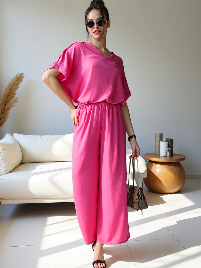 Royalfashion Дамски casual комплект с блуза с къс ръкав и широки панталони