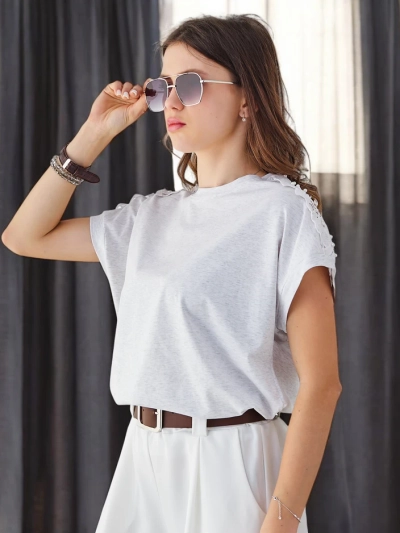 Роклямода Памучна дамска тениска с дантелени ръкави