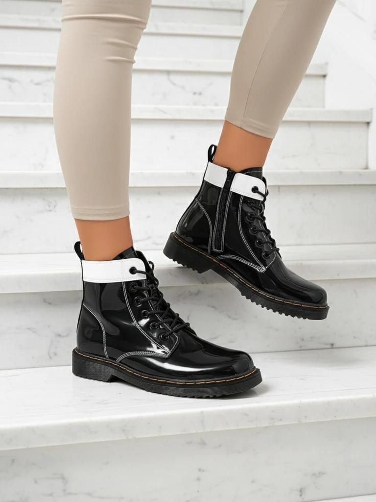 Дамски боти Perseida Nero от екологична патентна кожа, с връзки