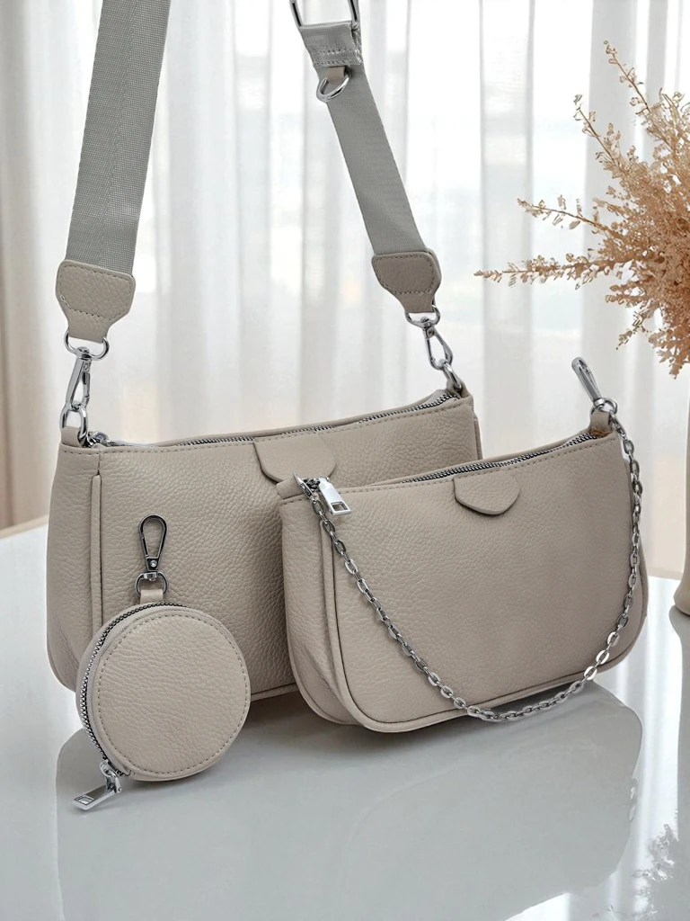 Дамска чанта Arete MultiSet екологична кожа гълъбово сиво, 3в1 елегантност