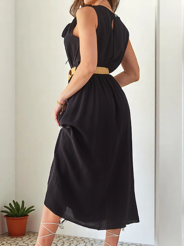 Рокля миди с презрамки на Royalfashion за жени, с кръгло деколте и декоративно цвете