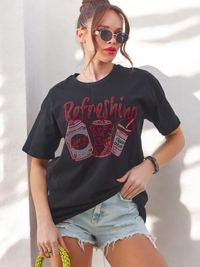 Royalfashion дамска памучна тениска с печат от камъчета