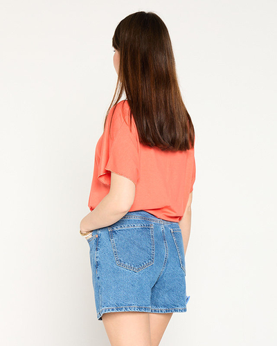 Pomarańczowy damski t-shirt ze złotym printem i cyrkoniami - Odzież