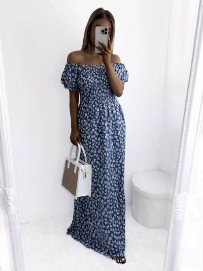 Синя дамска макси рокля с флорален десен - Облекло