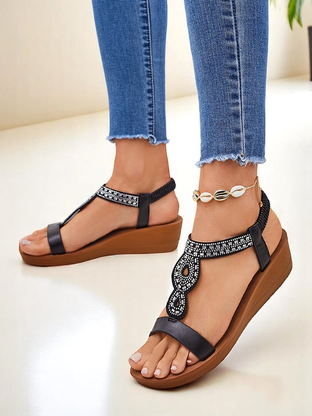 Сандали на платформа Perseida Royalfashion черни от еко кожа с кристали 4,5 см