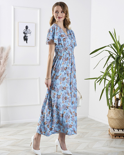 Синя дамска дълга рокля на цветя - Облекло