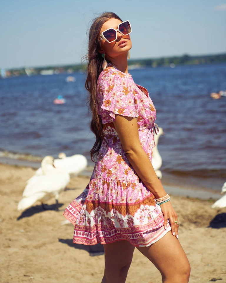 Royalfashion Лятна розова къса дамска рокля