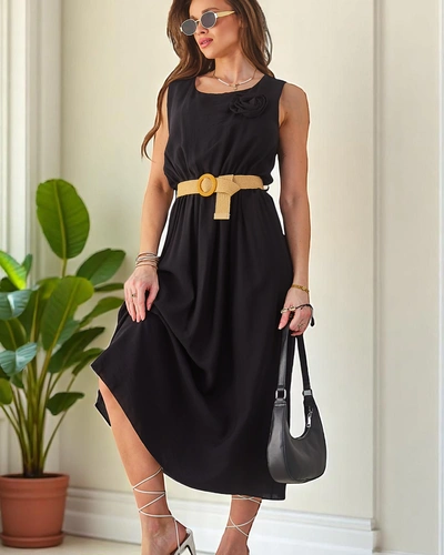 Рокля миди с презрамки на Royalfashion за жени, с кръгло деколте и декоративно цвете