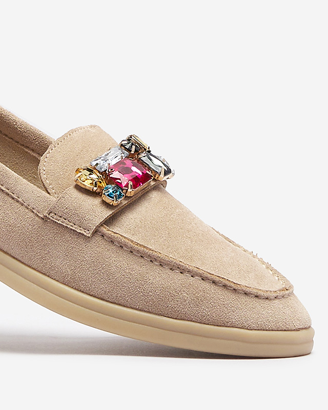Дамски мокасини от еко велур в светлокафяво с декоративни кристали Nellens- Footwear