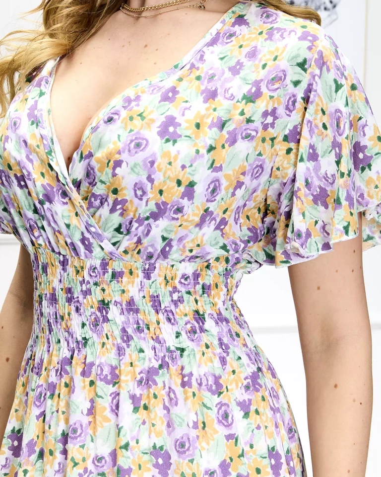 Дамска флорална миди рокля в лилаво-зелено - Обувки