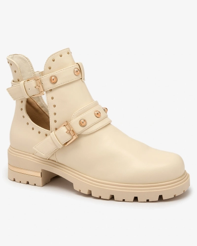 Royalfashion Кремави дамски ботуши с украса Jewel Walk на плосък ток