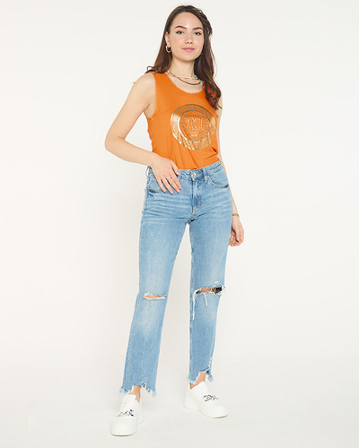 Pomarańczowa bluzka na ramiączkach z printem i cyrkoniami - Odzież