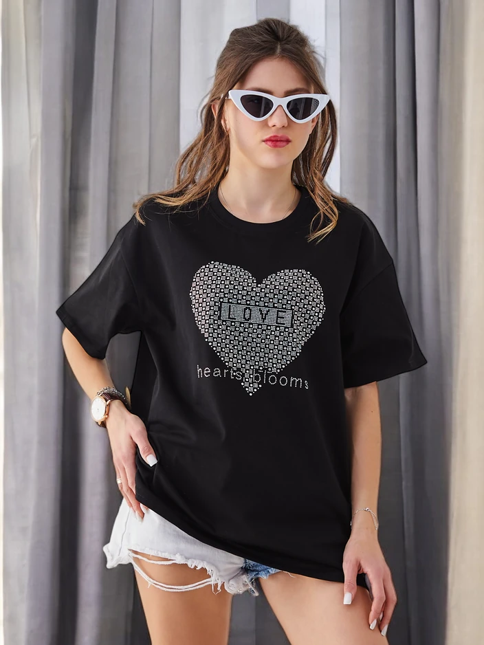 Royalfashion Женска памучна тениска LOVE с камъни