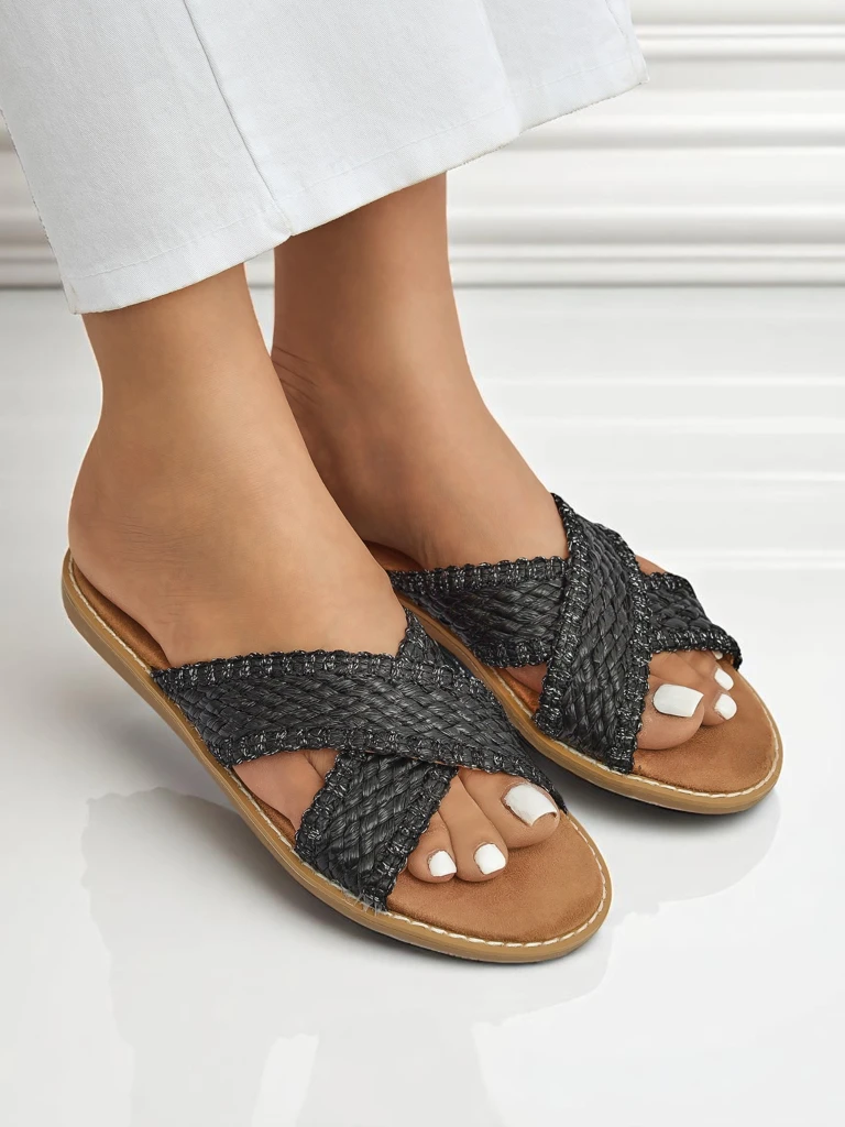 Дамски сандали Calista Nero плоски, черна плетка, екологична кожа
