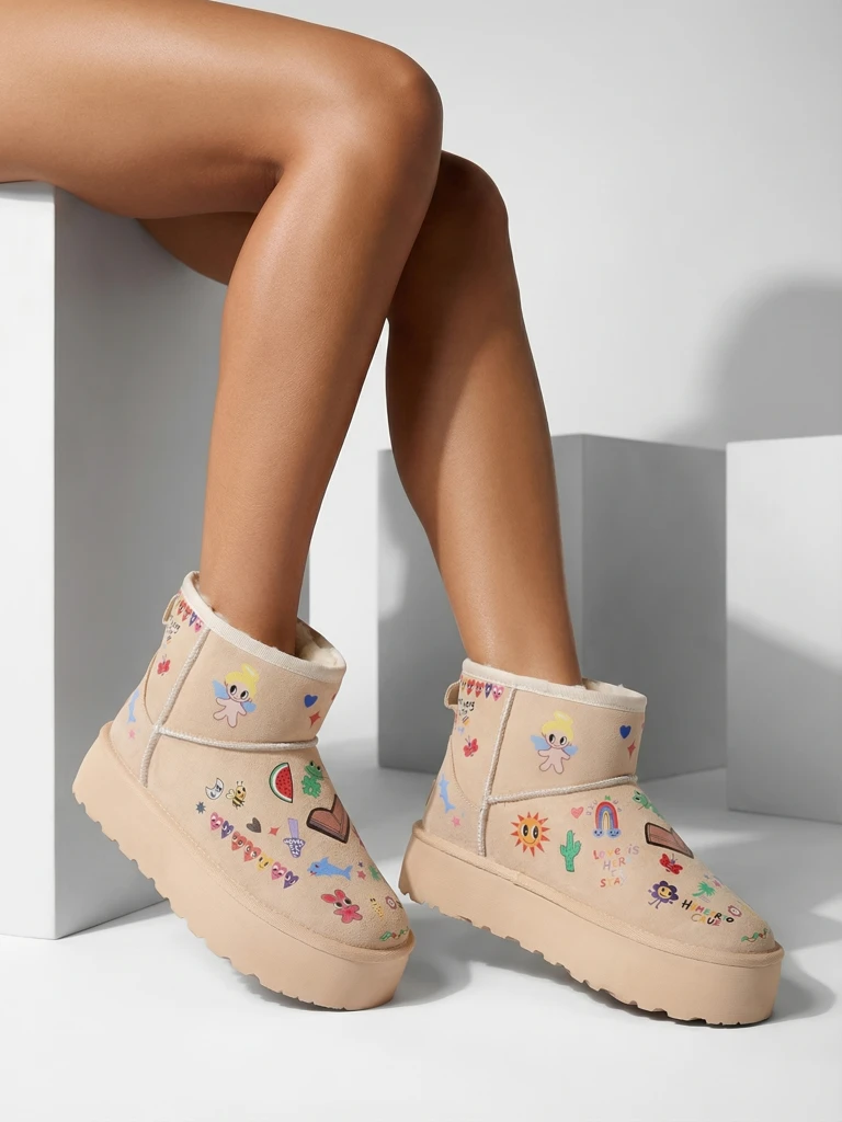 Топли обувки Callisto Angelico с детски рисунки на платформа, бежови