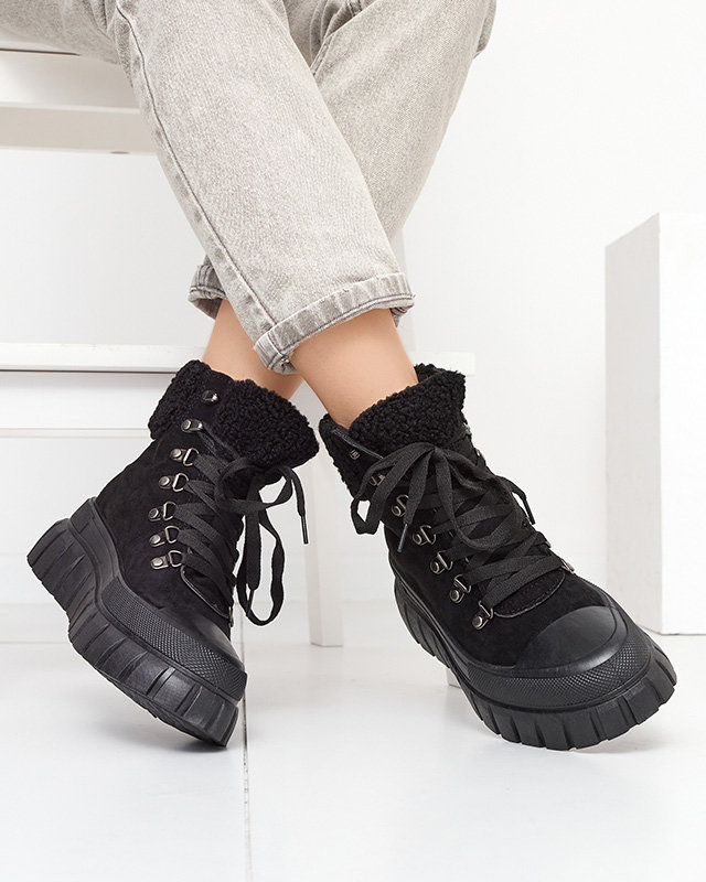 Дамски черни ботуши от екокожа с овча кожа Vetic - Обувки