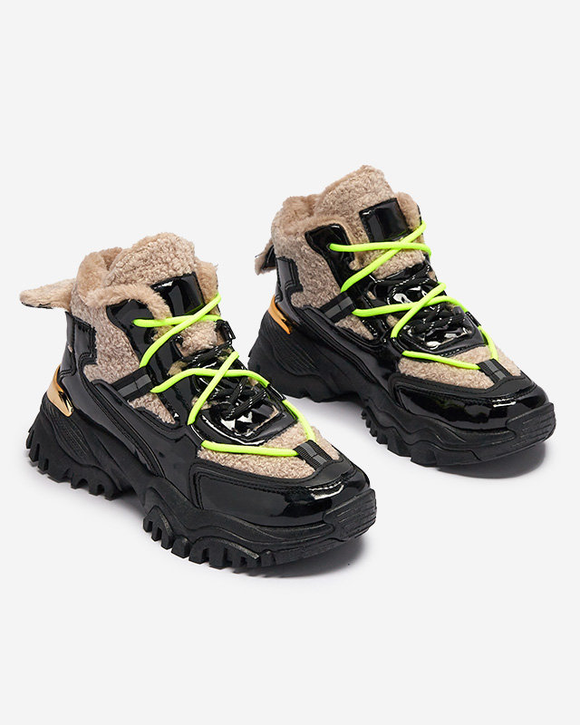 Черни дамски спортни обувки с кожа и неоново жълти връзки Adbo- Footwear