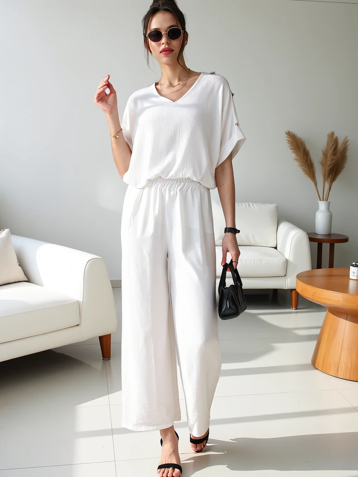 Royalfashion Дамски стильен комплект с блуза с къс ръкав и широки панталони