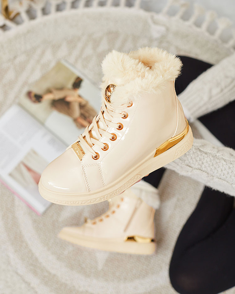 Royalfashion Бежови лакирани дамски изолирани ботуши Sylnina