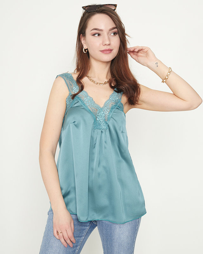 Damska koszulka na koronkowych ramiączkach w kolorze ciemnozielonym- Odzież