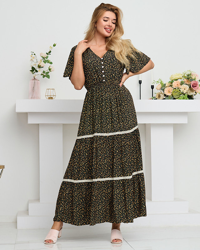 Czarna rozkloszowana damska sukienka maxi w kwiaty - Odzież