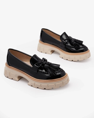 Черни лакирани дамски мокасини с пискюли Kaipo- Footwear