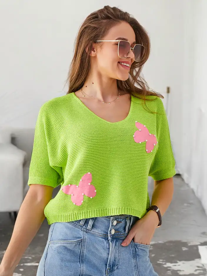 Royalfashion Женски памучен къс пуловер с пеперуди