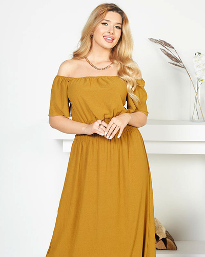 Musztardowa sukienka maxi z gumką w pasie- Odzież
