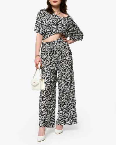 Дамски черен флорален плисиран комплект - Облекло