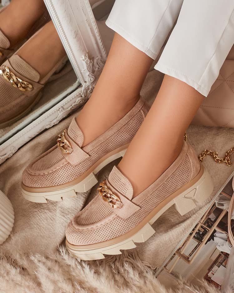 Мокасини от еко велур със златна декорация в светлокафяво Zaffix- Footwear