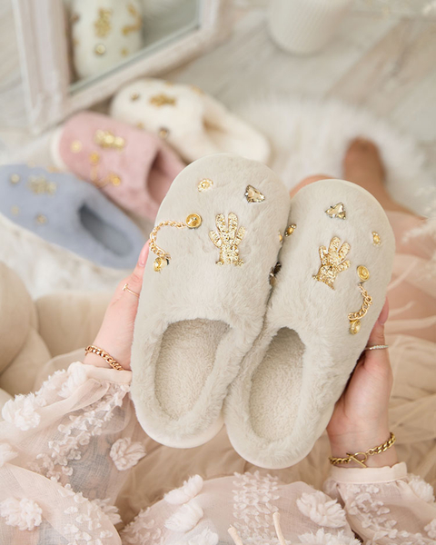 Royalfashion Бежови дамски чехли от естествена кожа с орнаменти Erserra