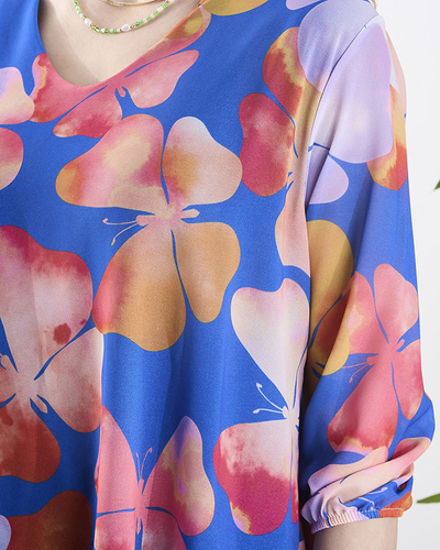 Морско синя дамска рокля до коляното с щампа и волан - Облекло