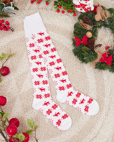Royalfashion Дамски коледни чорапи над коляното в бяло
