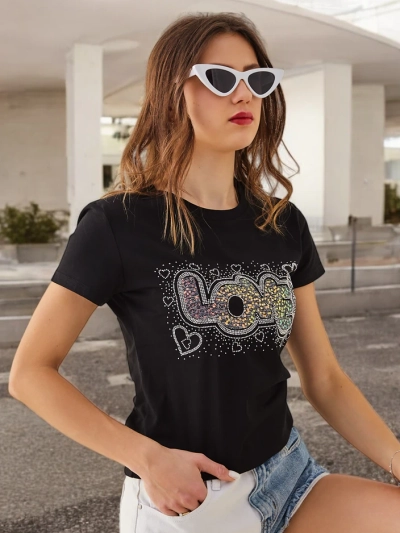 Royalfashion Памучна дамска тениска LOVE с камъни
