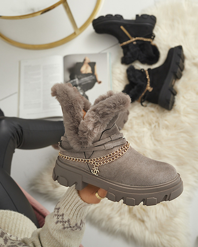 Черни дамски ботуши от еко велур с верижка Videric - Обувки