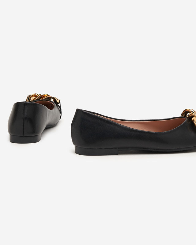 Czarne damskie eko-skórzane balerinki ze złotą ozdobą Gassi - Obuwie