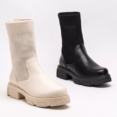 OUTLET Ażurowe beżowe damskie botki na płaskim obcasie Roibu - Obuwie