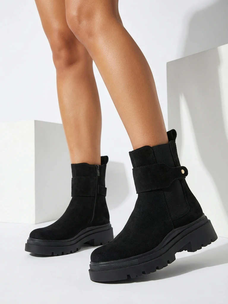 Royalfashion Черни дамски ботуши с декоративна каишка Doasa