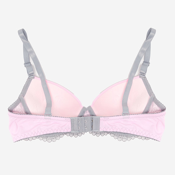 Szaro-różowy damski biustonosz z dodatkiem koronki - Bielizna