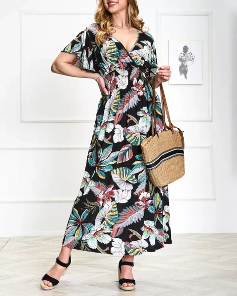 Дамска черна флорална миди рокля - Облекло