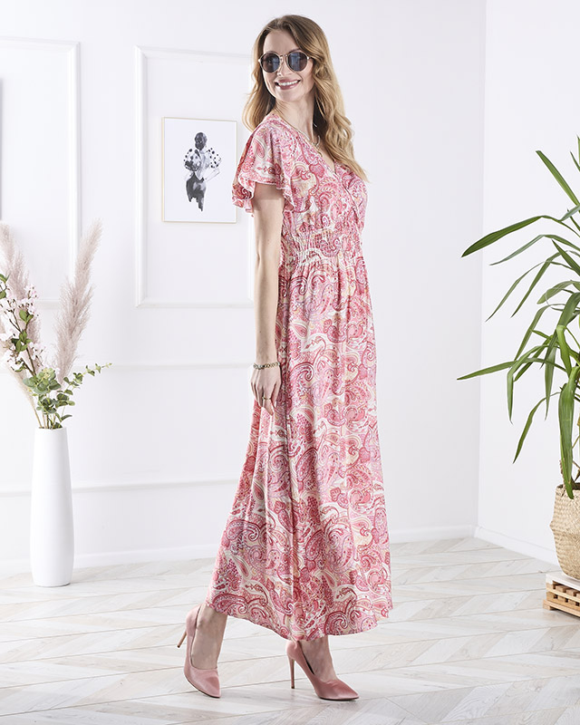 Розова дамска миди рокля с десен Облекло