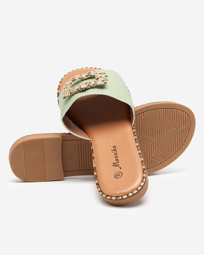 Zielone damskie eleganckie klapki ze złotą ozdobą Meriso - Obuwie