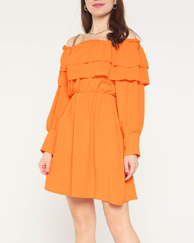 Krótka pomarańczowa damska sukienka z falbanami- Odzież