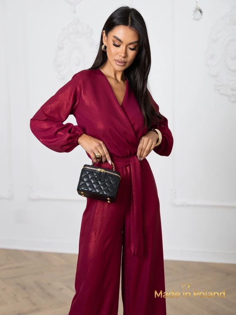 Дамски комбинезон 'Valentina' бордо с дълъг ръкав и широки крачоли